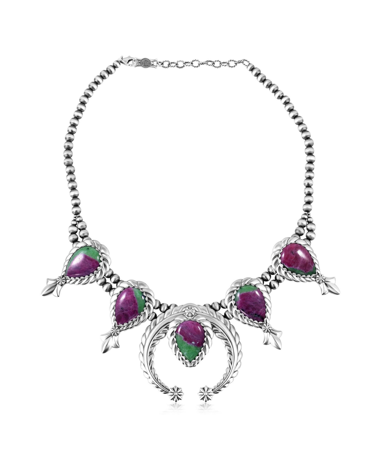 American West Jewelry Sterling Silver Ruby Zoisite Pear-Cut Squash Blossom Necklace, 17 to 20 Inches