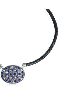 Sterling Silver Lapis Oval Pendant Black Leather Necklace, 17 to 20 Inches
