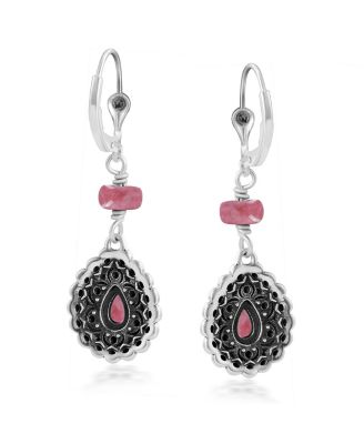 Sterling Silver Rhodonite Pear-Shaped Concha Lever Back Earrings