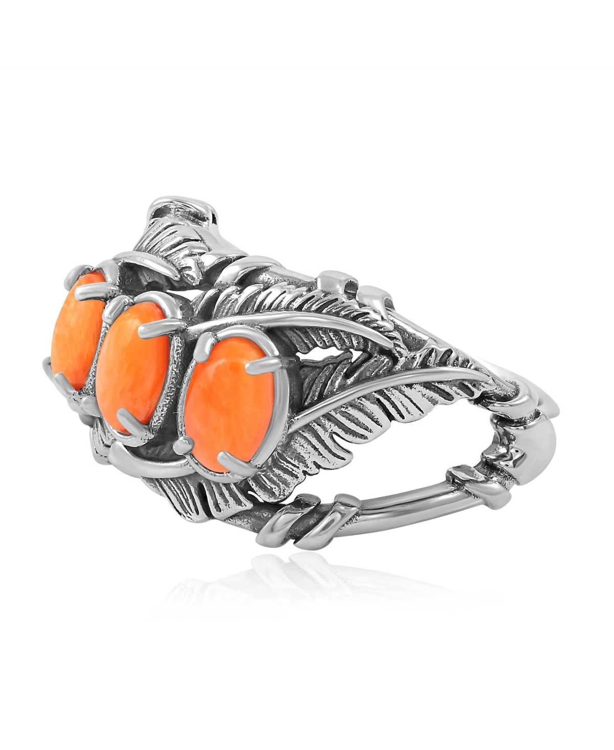 American West Jewelry Sterling Silver Orange Spiny Oyster Three Stone Feather Ring