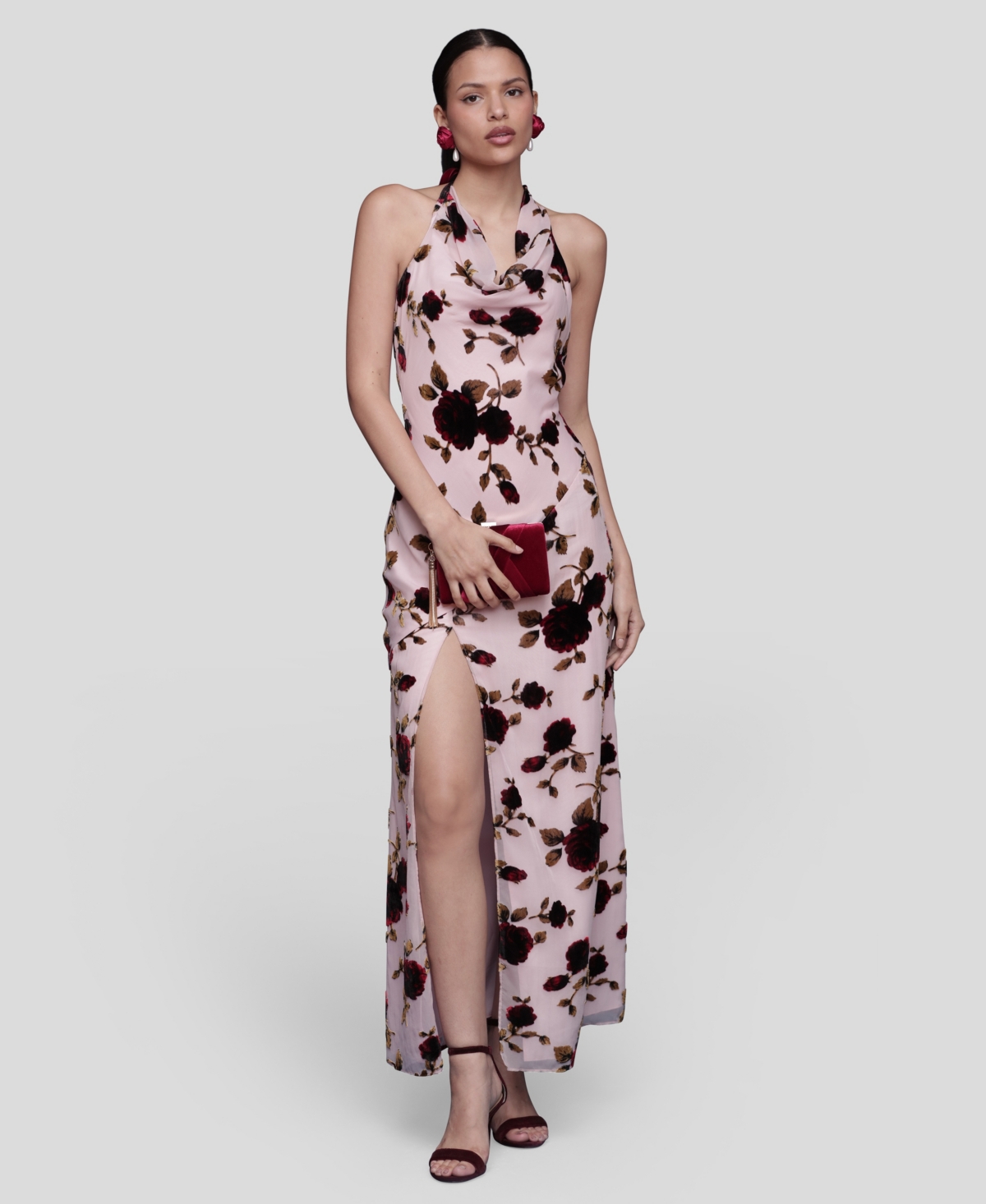 Avec Les Filles Floral Devoré Halter Maxi Cocktail Dress In Multi