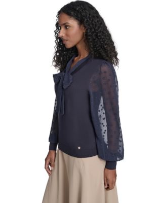 Women's Mixed Media Floral Clip Long Sleeve Sweater