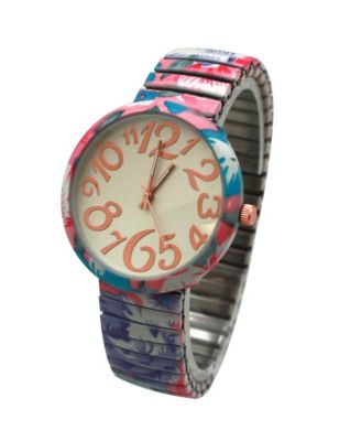 Pink Floral Stretch Bold Numbers Women Watch