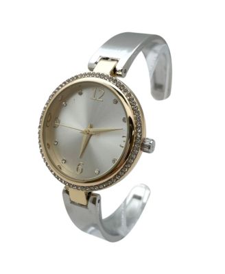 Two Tone Round Face Rhinestone Bezel Soft Bangle Women Watch