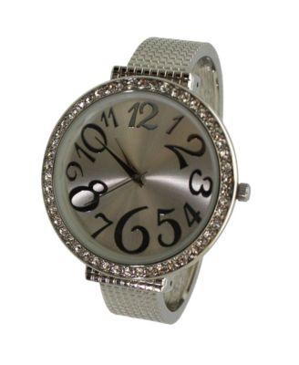 Silver Big Round Face with Rhinestones Women Watch