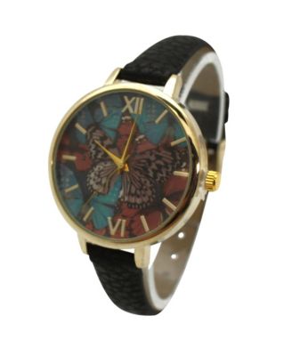 Black Faux Leather Butterflies Dial Women Watch