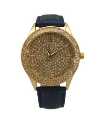 Blue Rhinestione Big Face Detail Leather Strap Watch