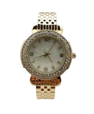 Gold Round Face Rhinestone Bezel Bangle Women Watch