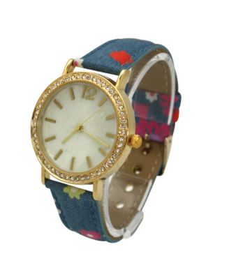 Colorful Flowers and Denim Strap Watch