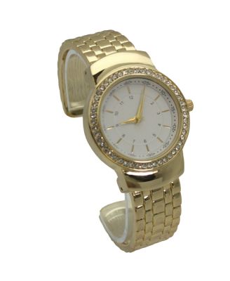GOLD TEXTURED AND RHINESTONE DETAL BANGLE WATCH