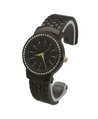 GUNMETAL TEXTURED AND RHINESTONE DETAL BANGLE WATCH
