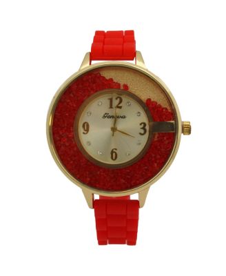 RED FLOATING COLORFUL STONES SILICONE STRAP WATCH