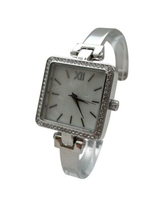 Silver Square Face Thin Rhinestone Bezel Bangle Women Watch