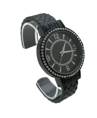 Black Round Face Rhinestone Bezel Textured Bangle Women Watch