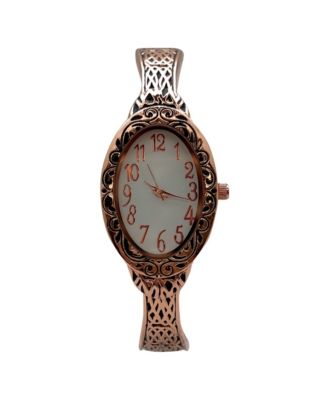 Rose Gold Oval Face Elegant Textured Bangle Women Watch