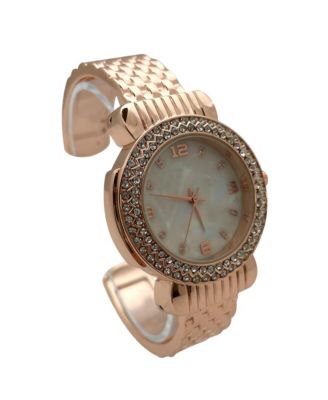 Rose Gold Round Face Rhinestone Bezel Bangle Women Watch