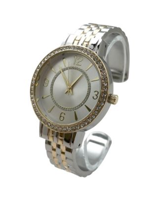 Two Tone Round Face Rhinestone Bezel Textured Bangle Women Watch