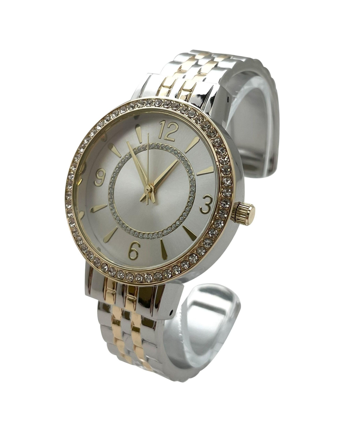 Olivia Pratt Two Tone Round Face Rhinestone Bezel Textured Bangle Women Watch