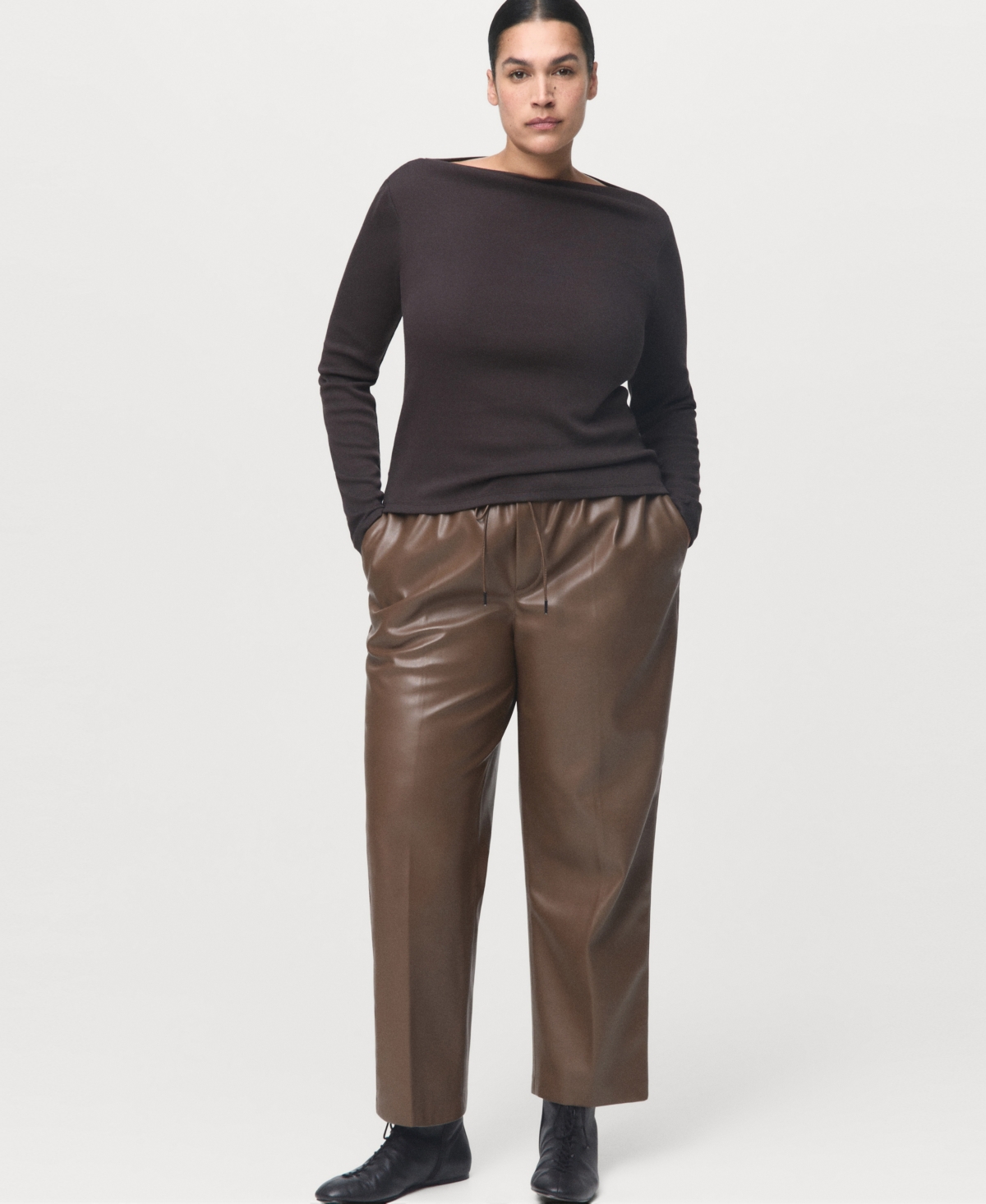 Mango Faux Leather Drawstring Pants In Brown