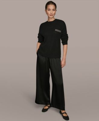 Women's Long-Sleeve Wool Cashmere Blend Waffle Stitch Sweater with Chest Pocket