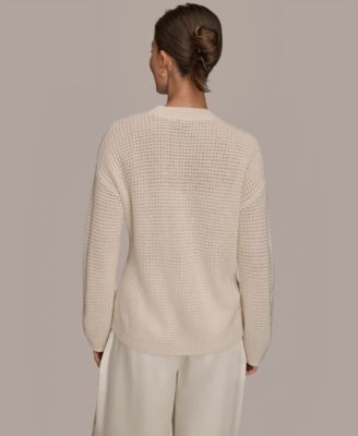 Women's Long-Sleeve Wool Cashmere Blend Waffle Stitch Sweater with Chest Pocket