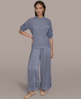 Women's Long-Sleeve Wool Cashmere Blend Waffle Stitch Sweater with Chest Pocket