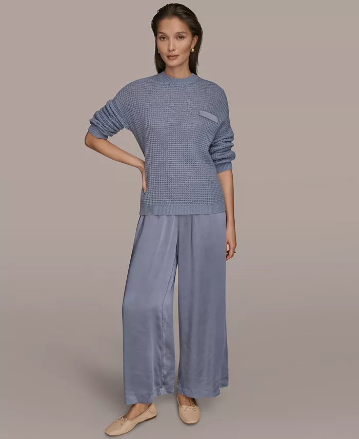 Women's Long-Sleeve Wool Cashmere Blend Waffle Stitch Sweater with Chest Pocket - thumbnail 6