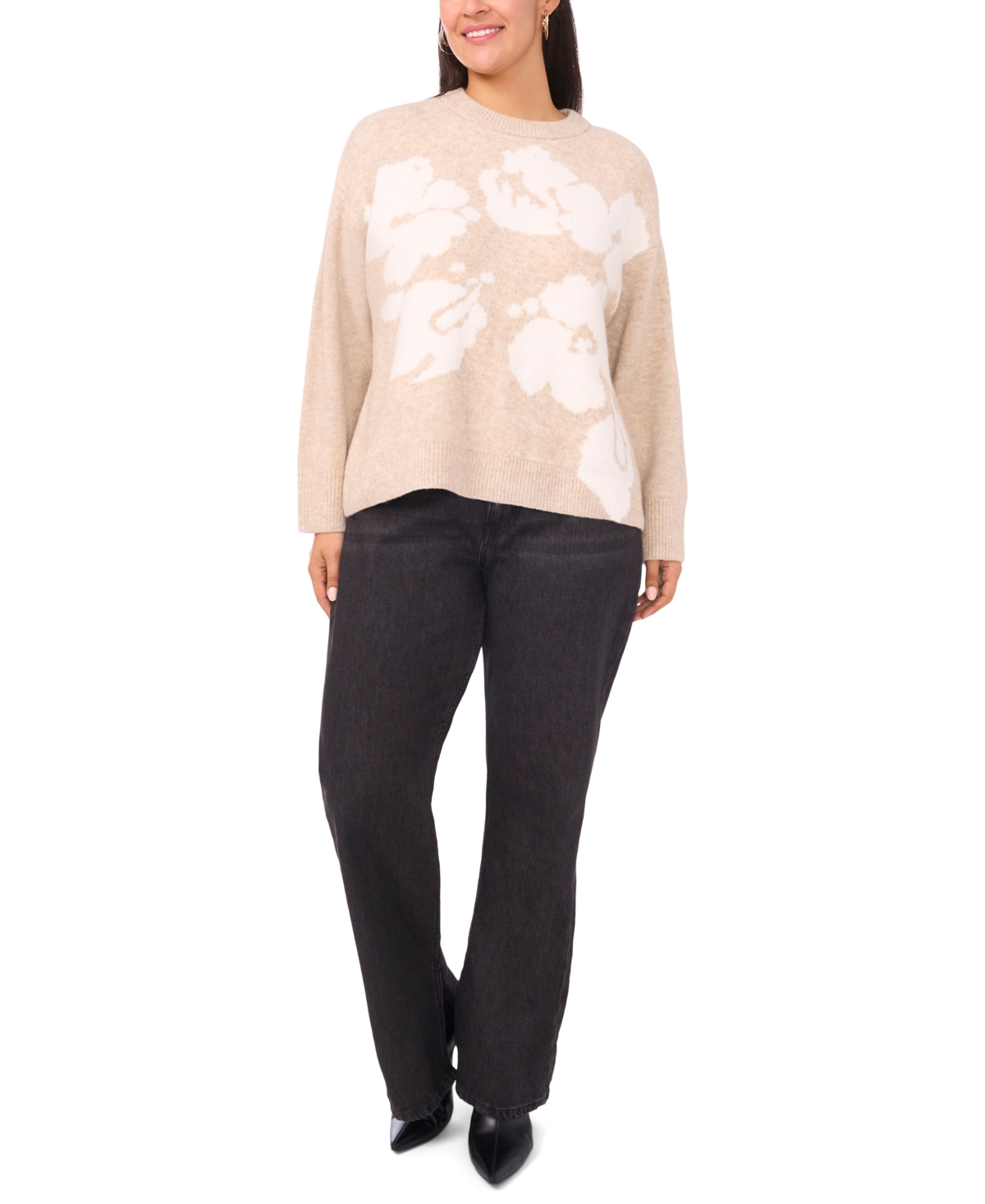 Vince Camuto Plus Size Flower Motif Crewneck Sweater In Neutral