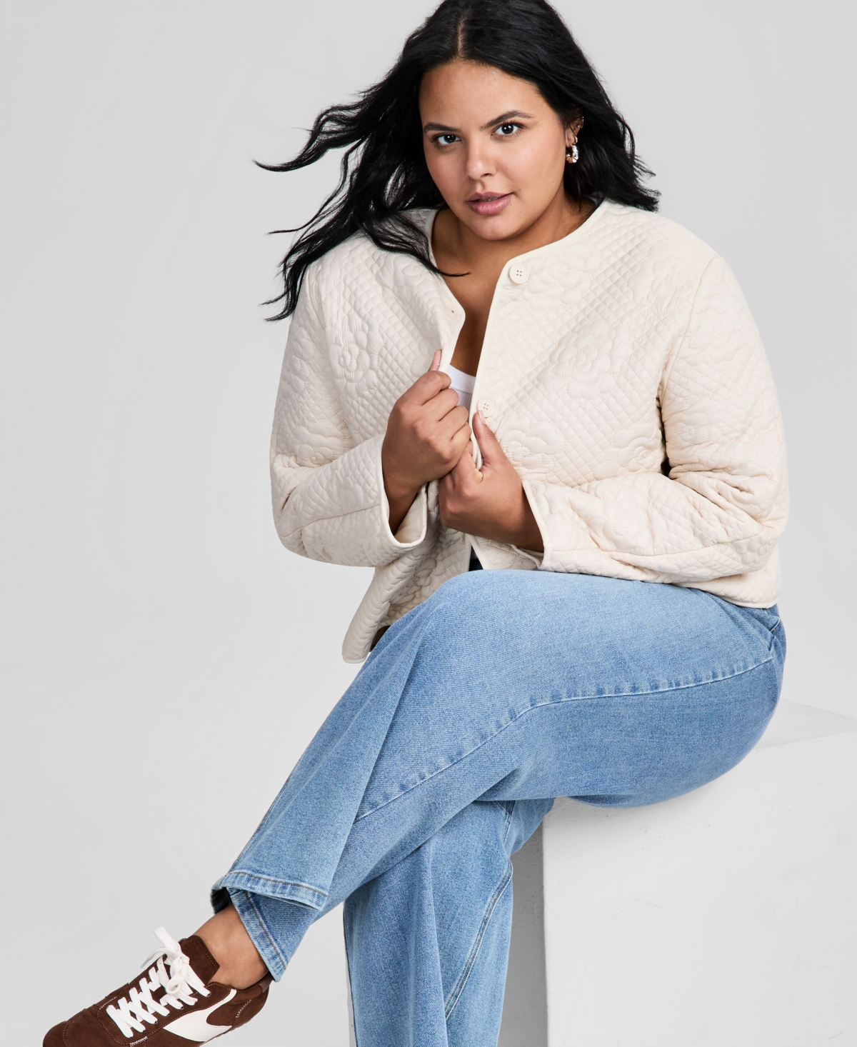 And Now This Trendy Plus Floral Quilted Jewel-Neck Jacket, Macy's Exclusive