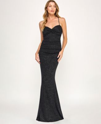 Juniors' Glitter Tie Back Gown
