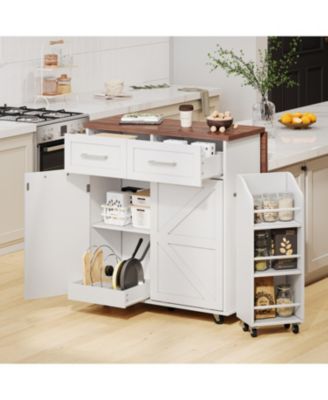 47.2" Farmhouse Kitchen Island with Drop Leaf & Storage, Rolling Cart