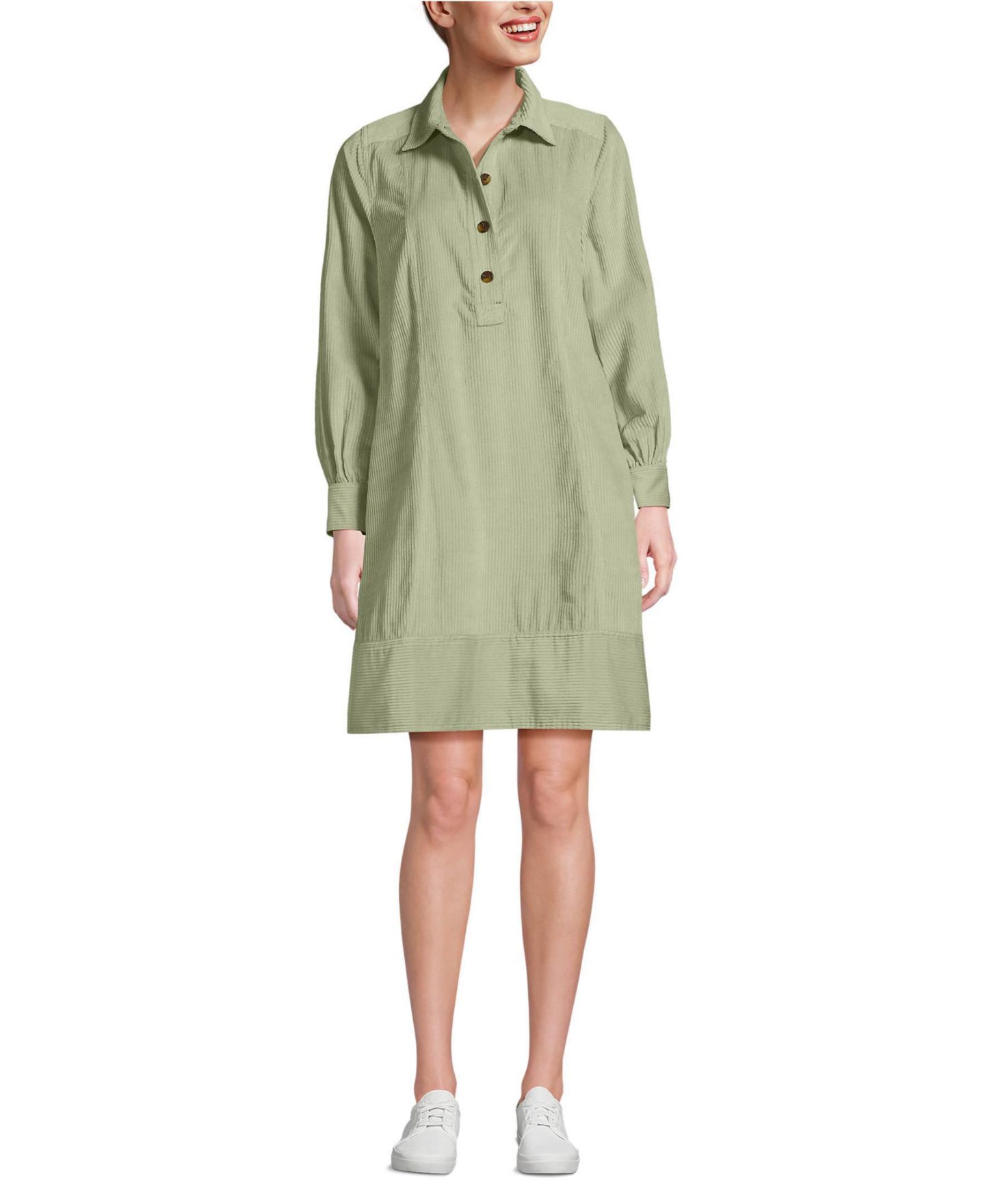 Женское платье Lands' End Wide Wale Cord Popover Long Sleeve Shirt Dress, цвет: Зелёный — фото 1