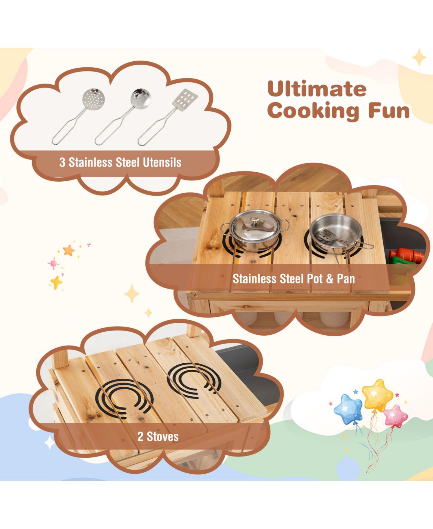 Детские игрушки Gymax Outdoor Wooden Mud Kitchen Playset, 17-Piece Set, Ages 3+, цвет: Натуральный — фото 9