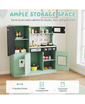 Play Kitchen Toy Set w/ Chalkboard Oven Sink Curtain Microwave Water Dispenser