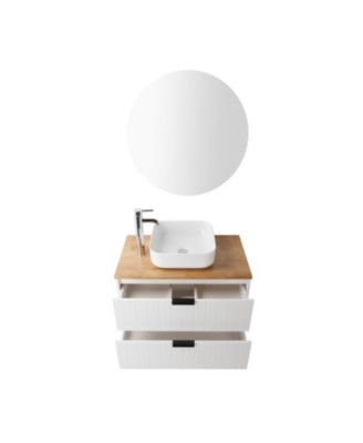 Streamdale 32" Double Drawer White Vanity, Natural Wood Top, Ceramic Sink & Round Mirror