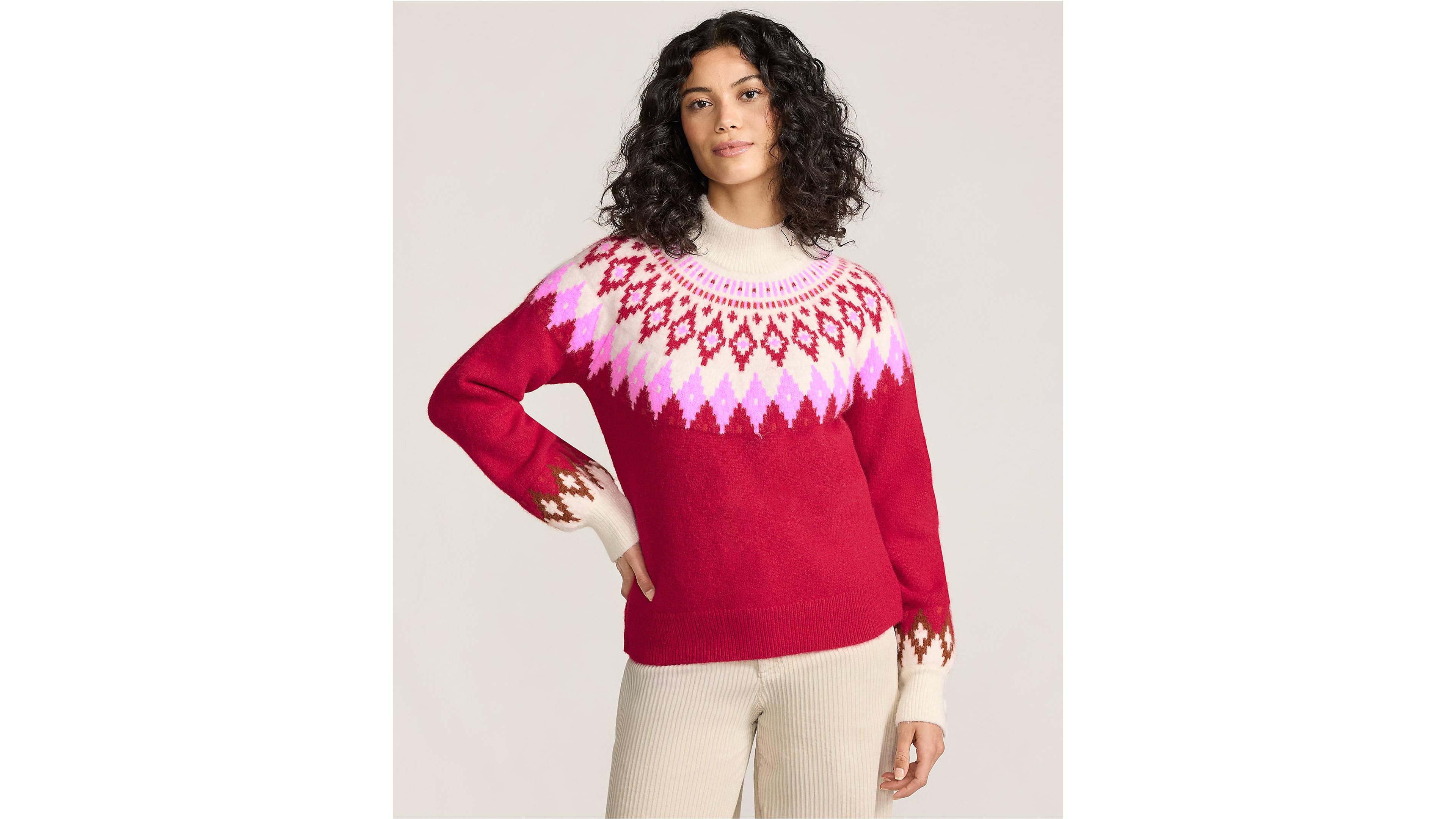 Lands' End Women's Fuzzy Turtleneck Lantern Sleeve Jacquard Sweater