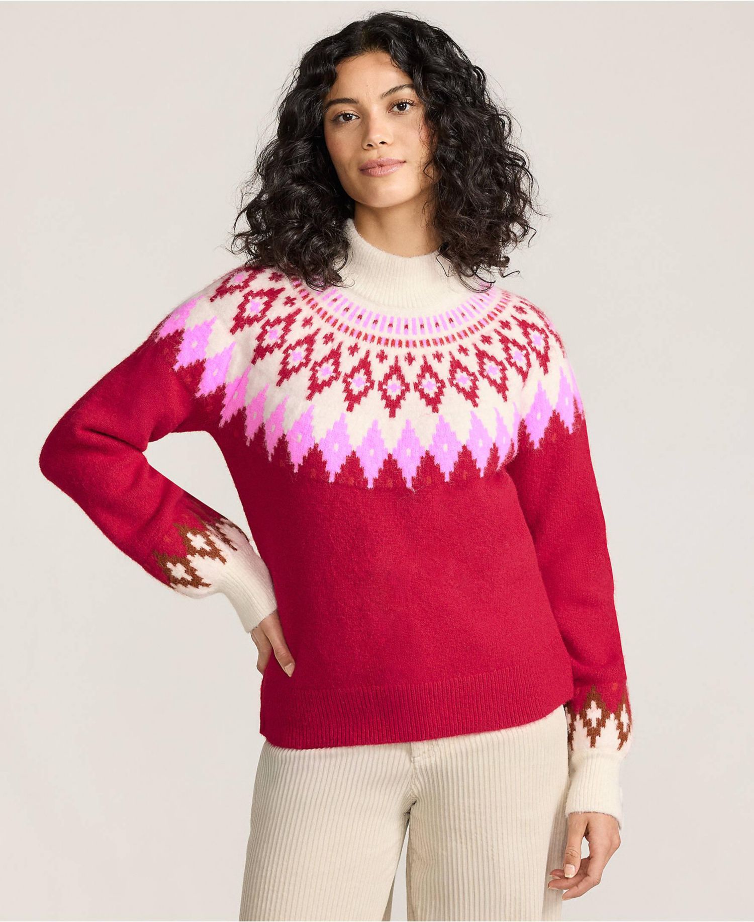 Women's Fuzzy Turtleneck Lantern Sleeve Jacquard Sweater