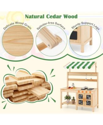 Kids Mud Kitchen Outdoor Wooden Pretend Play Kitchen w/ 4 Stoves, Canopy Faucet