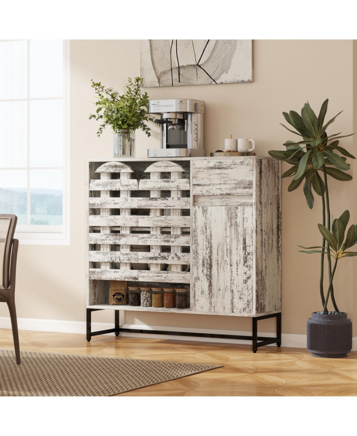 Streamdale Farmhouse Sideboard Cabinet, Coffee Bar, Arched Doors - Retro White