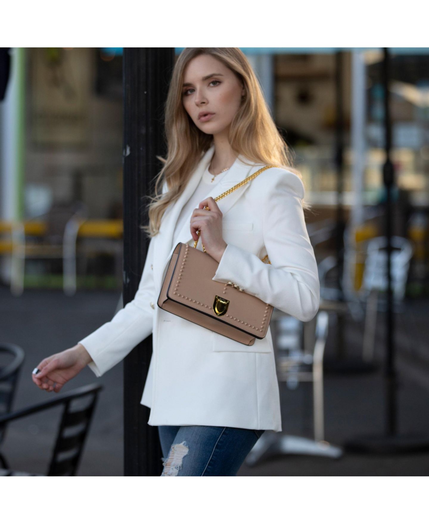 Женская сумка SUSU Leather Crossbody Purse Shoulder Bag with Gold Chain Strap Evening Clutch Style, цвет: Бежевый / Рыжевато-коричневый — фото 5