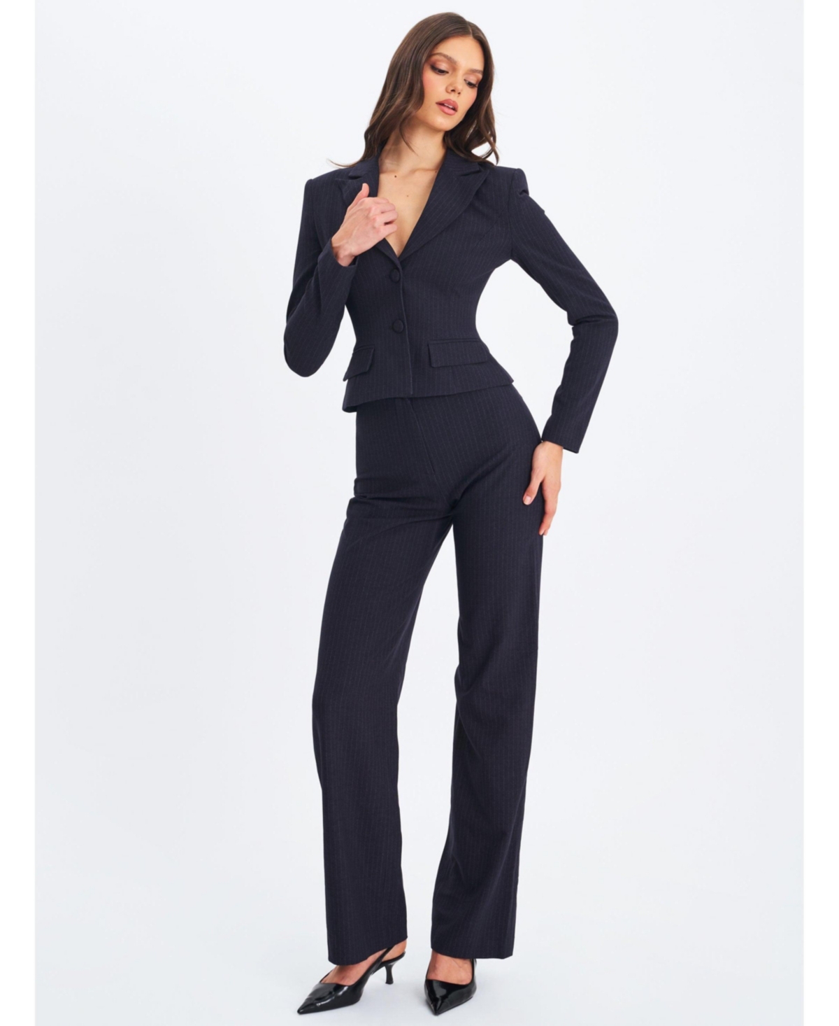 Miss Circle Women's Quinne Navy Striped Single-Breasted Peplum Blazer