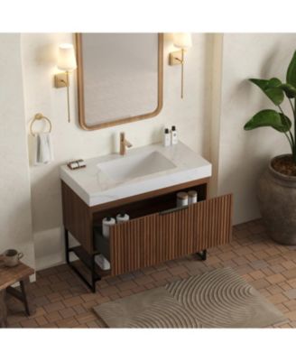  Carrara Stone Top Vanity: Walnut Cabinet, Ceramic Basin