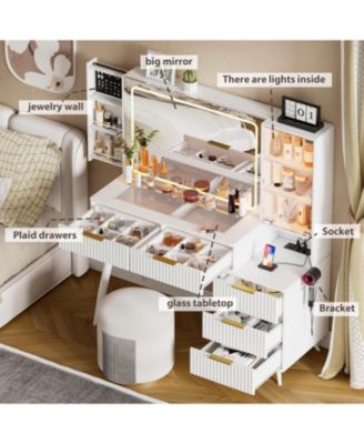 Vanity Desk with Mirror & Lights, Glass Top Makeup Table