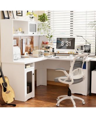 L Shaped Desk with Hutch, Corner Desk Workstation with Charge Station and File Cabinet