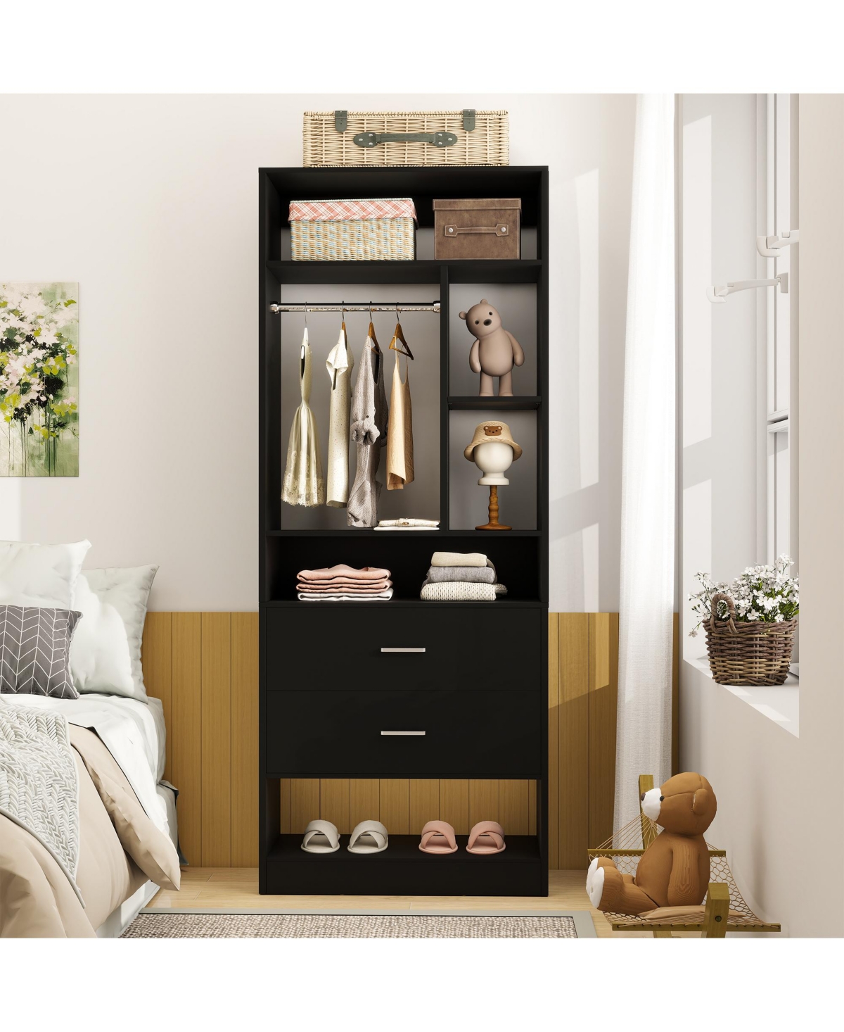 Aheaplus 23.6'' Freestanding Closet System with 2 Drawers and 6 Shelves, 2FT Small Walk-in Organizer Hanging Rod