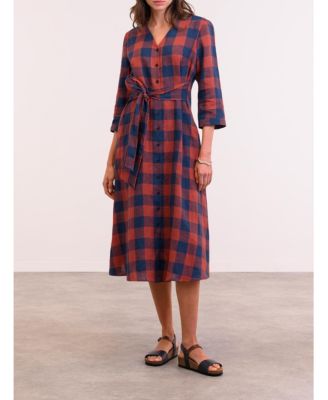 Women's Check Tie Front Midi Shirt Dress