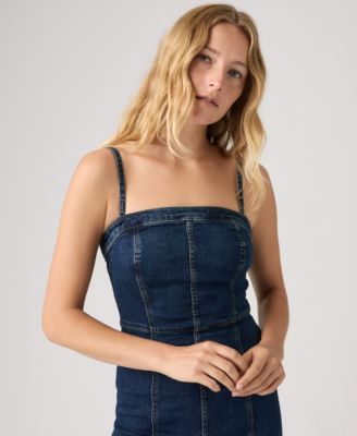 Premium Women's Seamed Bustier Denim Midi Dress