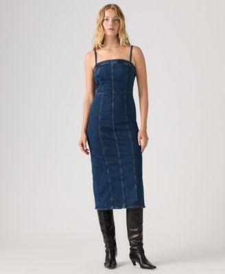 Premium Women's Seamed Bustier Denim Midi Dress