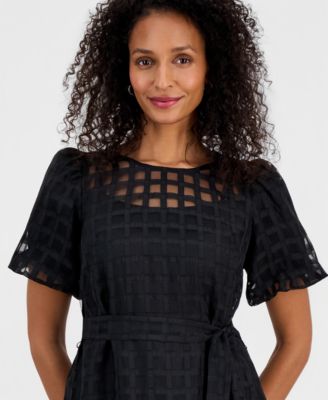 Women's Bubble-Sleeve Belted Midi Dress