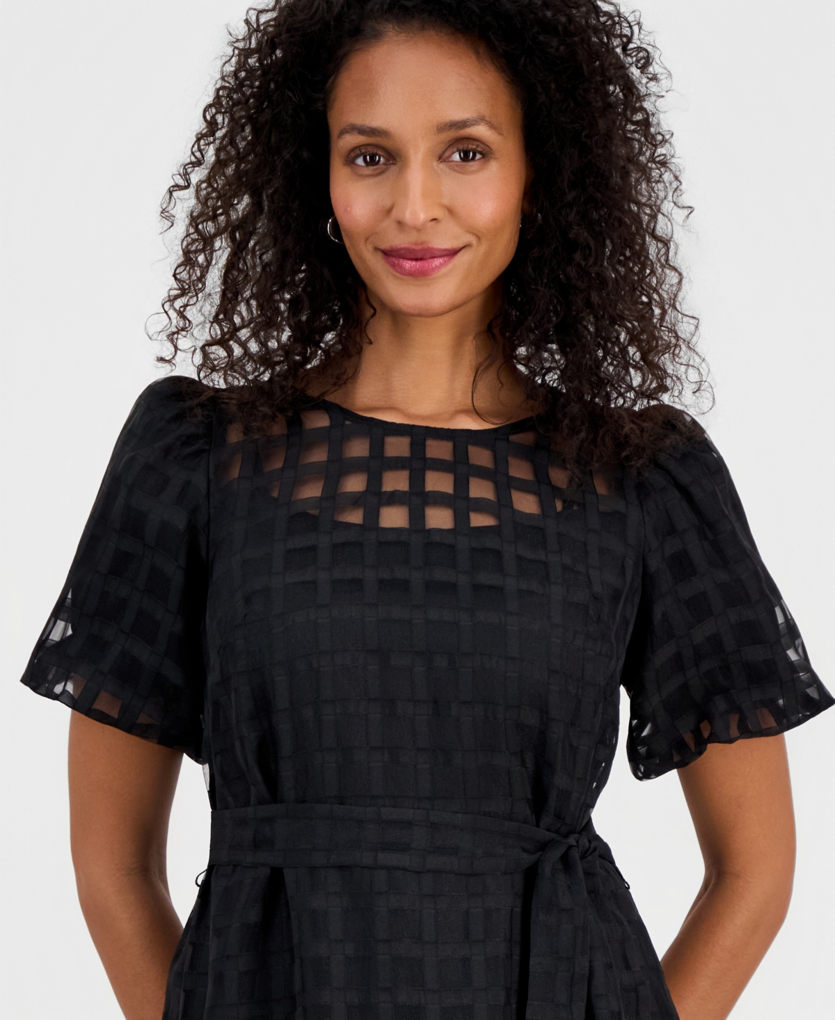 Robbie Bee Women's Bubble-Sleeve Belted Midi Dress